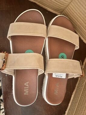 MIA Tan Double-Strap Slide Sandals with Buckle Accent